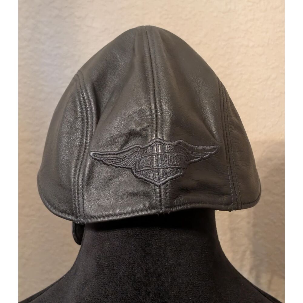 Harley-Davidson Biker Leather Lace-Up Beanie Helmet Liner Cap Black, Size Small